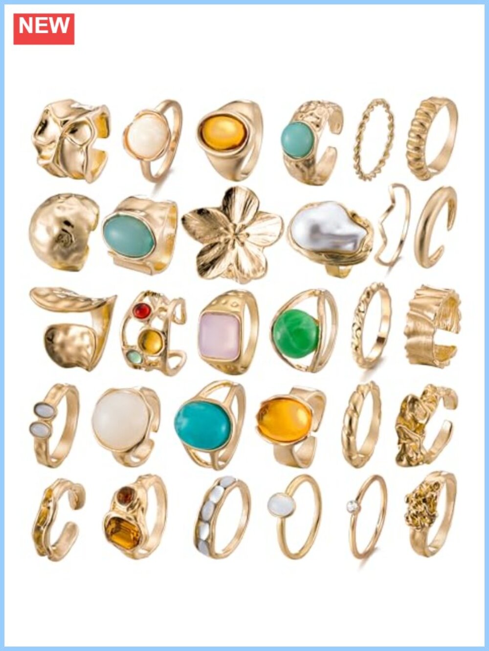 30-36 Pcs Vintage Crystal Turquoise Ring Set Gold Knuckle Rings